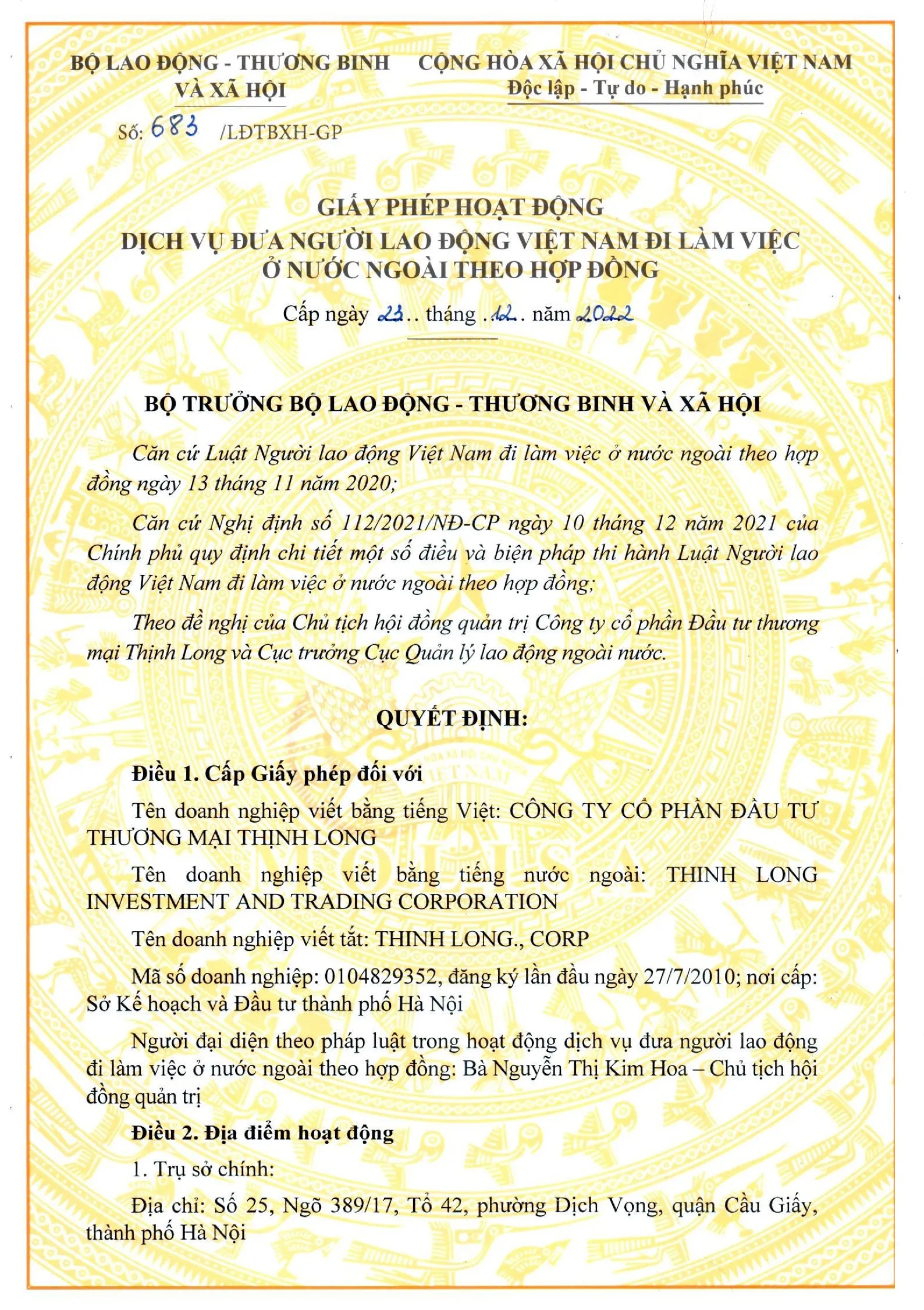 Giấy phép đưa người lao động đi làm việc tại nước ngoài